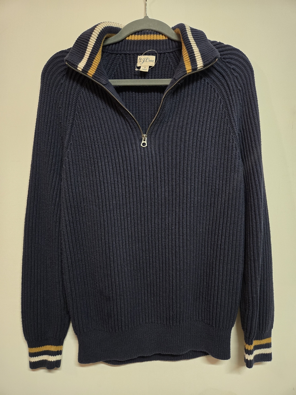 J. Crew Navy Ribbed Half-Zip Sweater with Yellow & Cream Stripes